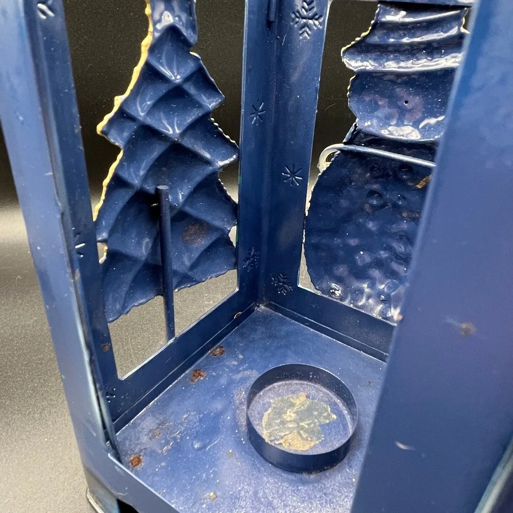 Blue Metal Christmas Lantern Snowman and Tree Holiday Tea Light Holder 11x4.5